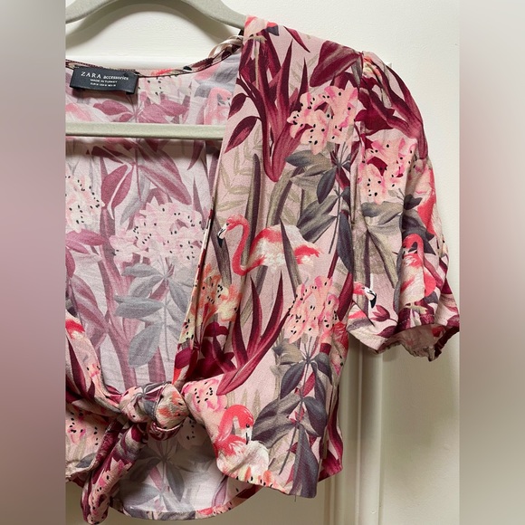 Zara Pink Flamingo Tie Front Crop Top - Picture 1 of 7